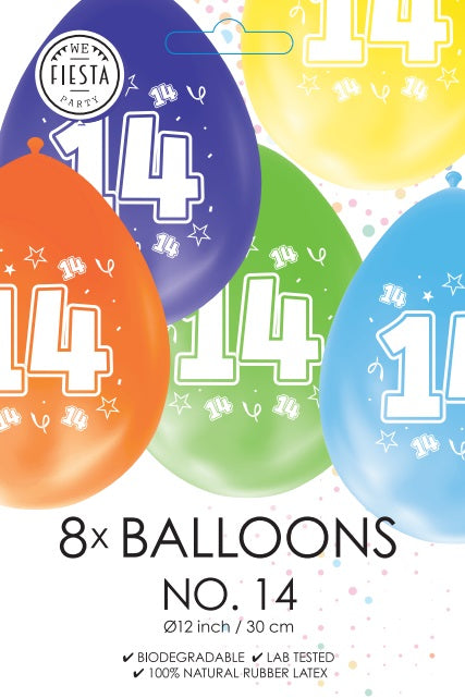 Gekleurde Cijfer Ballonnen 14 Jaar – 8 Stuks (12 Inch / Dubbelzijdig Bedrukt)
