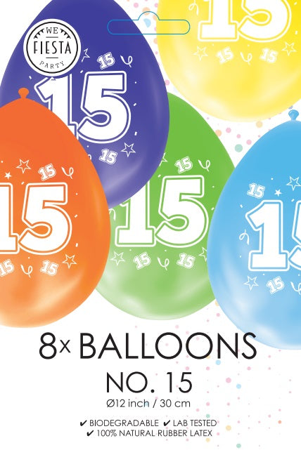 Gekleurde Cijfer Ballonnen 15 Jaar – 8 Stuks (12 Inch / Dubbelzijdig Bedrukt)