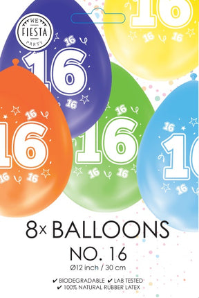 Gekleurde Cijfer Ballonnen 16 Jaar – 8 Stuks (12 Inch / Dubbelzijdig Bedrukt)