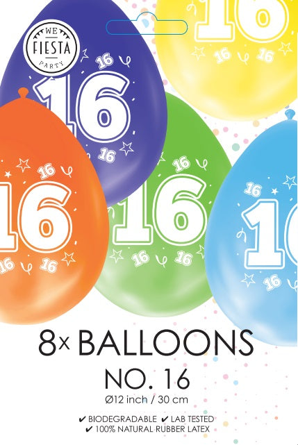 Gekleurde Cijfer Ballonnen 16 Jaar – 8 Stuks (12 Inch / Dubbelzijdig Bedrukt)