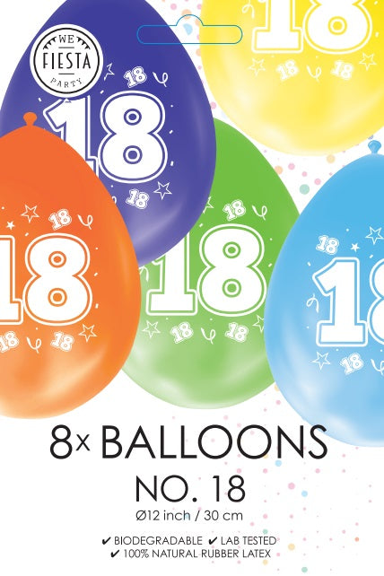 Gekleurde Cijfer Ballonnen 18 Jaar – 8 Stuks (12 Inch / Dubbelzijdig Bedrukt)