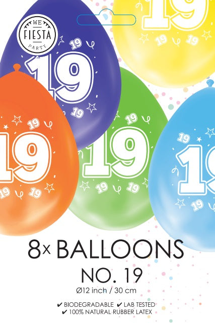 Gekleurde Cijfer Ballonnen 19 Jaar – 8 Stuks (12 Inch / Dubbelzijdig Bedrukt)