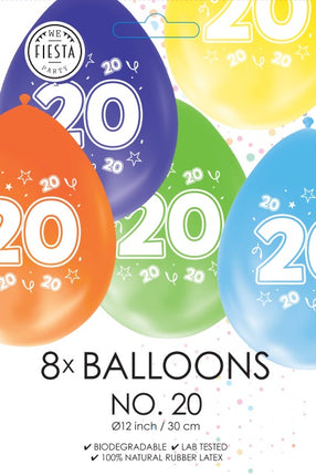 Gekleurde Cijfer Ballonnen 19 Jaar – 8 Stuks (12 Inch / Dubbelzijdig Bedrukt)