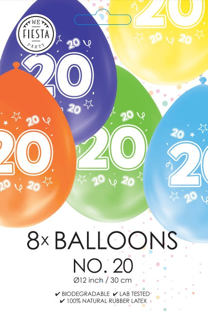 Gekleurde Cijfer Ballonnen 19 Jaar – 8 Stuks (12 Inch / Dubbelzijdig Bedrukt)