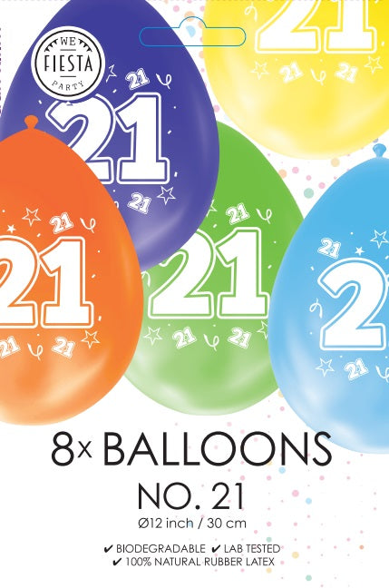 Gekleurde Cijfer Ballonnen 21 Jaar – 8 Stuks (12 Inch / Dubbelzijdig Bedrukt)