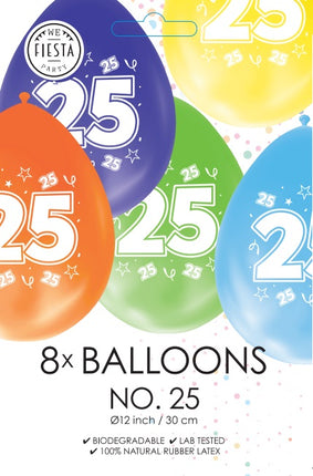 Gekleurde Cijfer Ballonnen 25 Jaar – 8 Stuks (12 Inch / Dubbelzijdig Bedrukt)