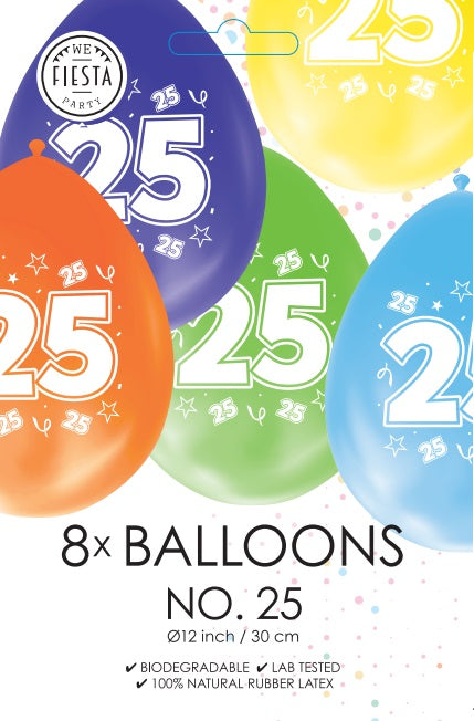 Gekleurde Cijfer Ballonnen 25 Jaar – 8 Stuks (12 Inch / Dubbelzijdig Bedrukt)