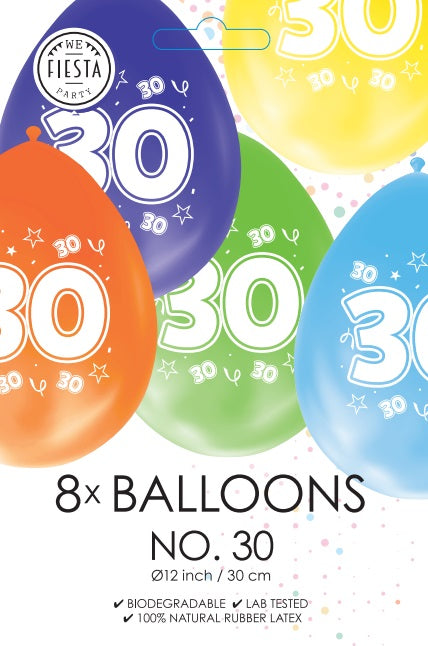 Gekleurde Cijfer Ballonnen 30 Jaar – 8 Stuks (12 Inch / Dubbelzijdig Bedrukt)