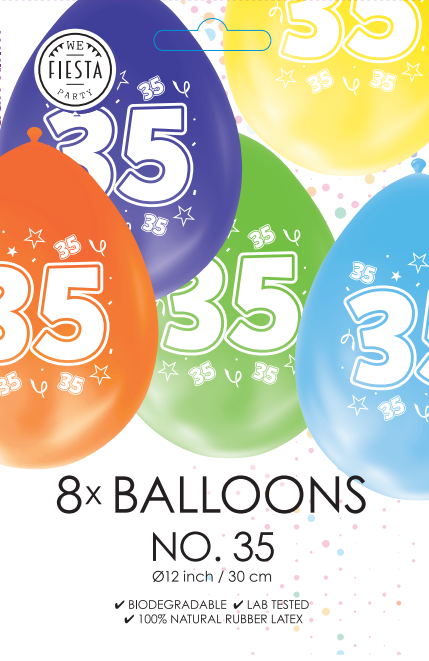 Gekleurde Cijfer Ballonnen 35 Jaar – 8 Stuks (12 Inch / Dubbelzijdig Bedrukt)