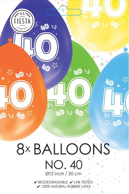 Gekleurde Cijfer Ballonnen 40 Jaar – 8 Stuks (12 Inch / Dubbelzijdig Bedrukt)