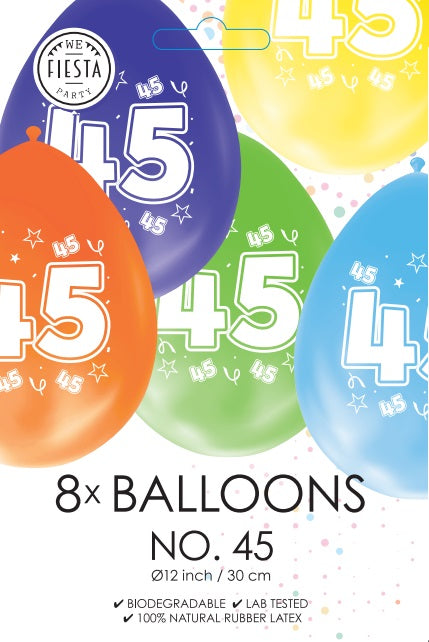 Gekleurde Cijfer Ballonnen 45 Jaar – 8 Stuks (12 Inch / Dubbelzijdig Bedrukt)