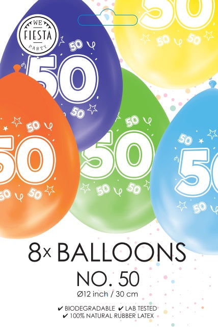 Gekleurde Cijfer Ballonnen 50 Jaar – 8 Stuks (12 Inch / Dubbelzijdig Bedrukt)