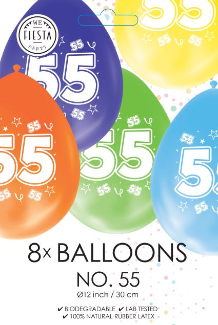 Gekleurde Cijfer Ballonnen 55 Jaar – 8 Stuks (12 Inch / Dubbelzijdig Bedrukt)