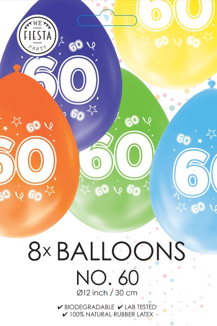 Gekleurde Cijfer Ballonnen 60 Jaar – 8 Stuks (12 Inch / Dubbelzijdig Bedrukt)