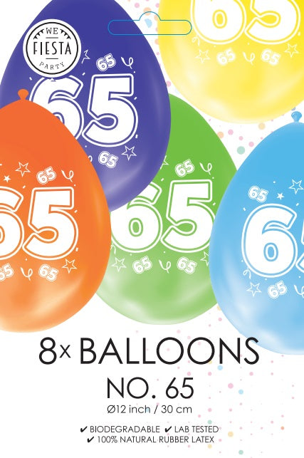 Gekleurde Cijfer Ballonnen 65 Jaar – 8 Stuks (12 Inch / Dubbelzijdig Bedrukt)