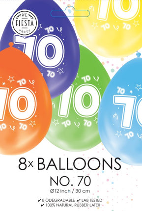 Gekleurde Cijfer Ballonnen 70 Jaar – 8 Stuks (12 Inch / Dubbelzijdig Bedrukt)