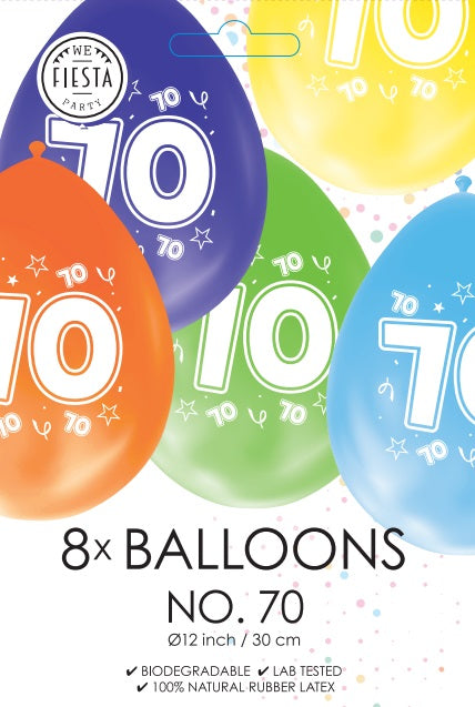 Gekleurde Cijfer Ballonnen 70 Jaar – 8 Stuks (12 Inch / Dubbelzijdig Bedrukt)