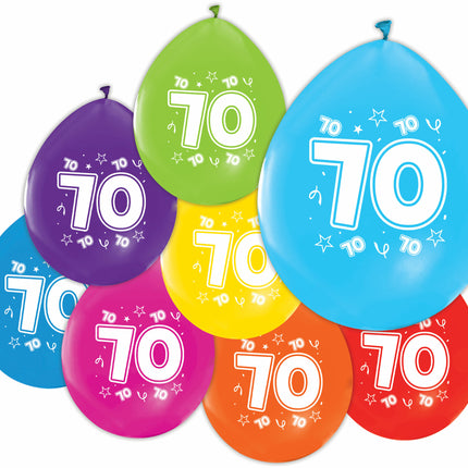 Gekleurde Cijfer Ballonnen 70 Jaar – 8 Stuks (12 Inch / Dubbelzijdig Bedrukt)