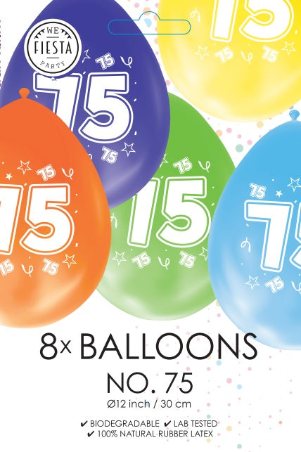 Gekleurde Cijfer Ballonnen 75 Jaar – 8 Stuks (12 Inch / Dubbelzijdig Bedrukt)