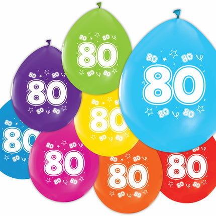 Gekleurde Cijfer Ballonnen 80 Jaar – 8 Stuks (12 Inch / Dubbelzijdig Bedrukt)