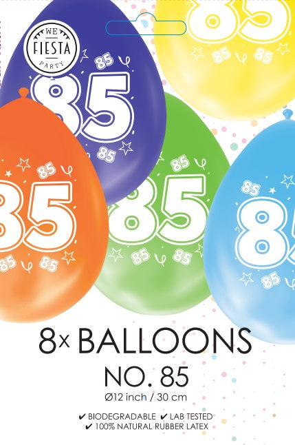 Gekleurde Cijfer Ballonnen 85 Jaar – 8 Stuks (12 Inch / Dubbelzijdig Bedrukt)