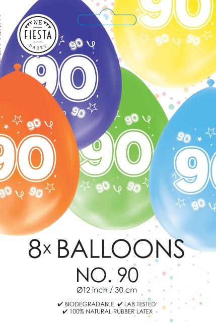Gekleurde Cijfer Ballonnen 90 Jaar – 8 Stuks (12 Inch / Dubbelzijdig Bedrukt)