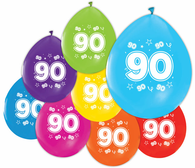 Gekleurde Cijfer Ballonnen 90 Jaar – 8 Stuks (12 Inch / Dubbelzijdig Bedrukt)