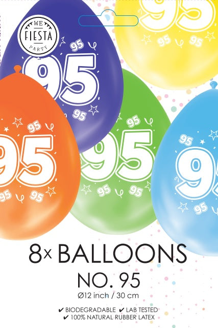 Gekleurde Cijfer Ballonnen 95 Jaar – 8 Stuks (12 Inch / Dubbelzijdig Bedrukt)