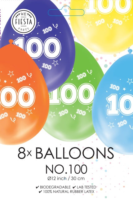 Gekleurde Cijfer Ballonnen 100 Jaar – 8 Stuks (12 Inch / Dubbelzijdig Bedrukt)