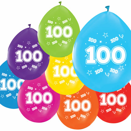 Gekleurde Cijfer Ballonnen 100 Jaar – 8 Stuks (12 Inch / Dubbelzijdig Bedrukt)