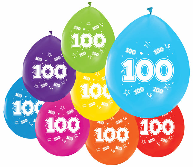 Gekleurde Cijfer Ballonnen 100 Jaar – 8 Stuks (12 Inch / Dubbelzijdig Bedrukt)