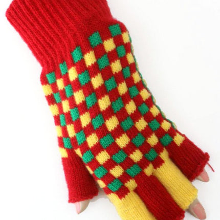 Vingerloze handschoenen rood/geel/groen geblokt