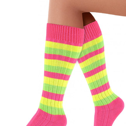 Kniekousen pink neon gestreept maat 41-47