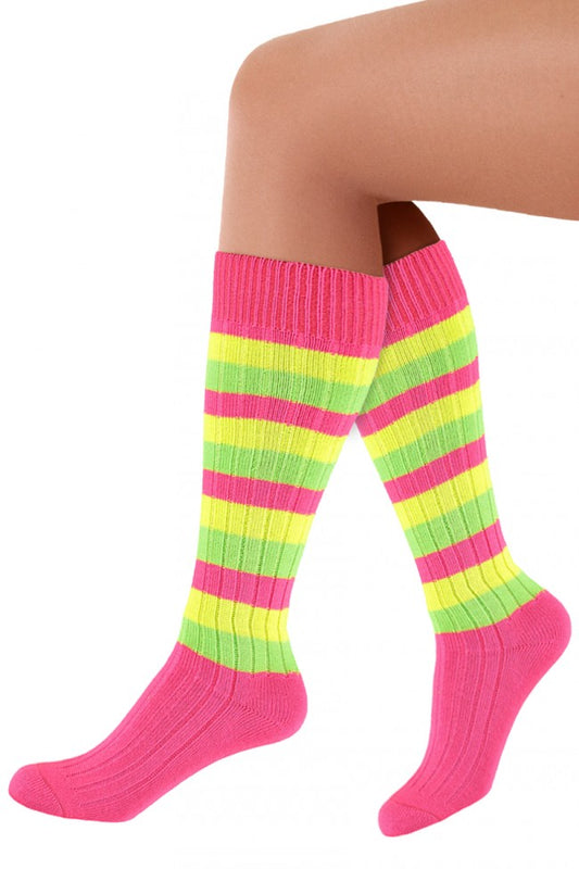 Kniekousen pink neon gestreept maat 41-47