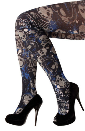 Panty zwart/wit/blauw met skeletten one size