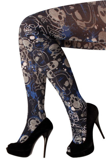 Panty zwart/wit/blauw met skeletten one size