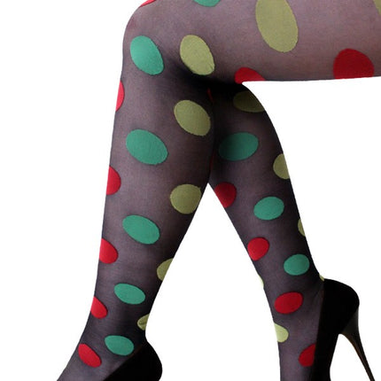 Panty zwart met rood/geel/groene bolletjes one size